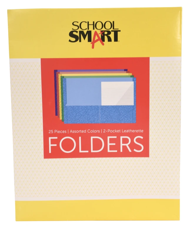 School Smart Extra Large 2-Pocket Folder, 9 X 12 Inches, Assorted Colors, Pack Of 25