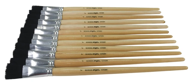 School Smart Paint Brushes, Flat Black Bristle, Long Handle, 1 Inch, Pack Of 12