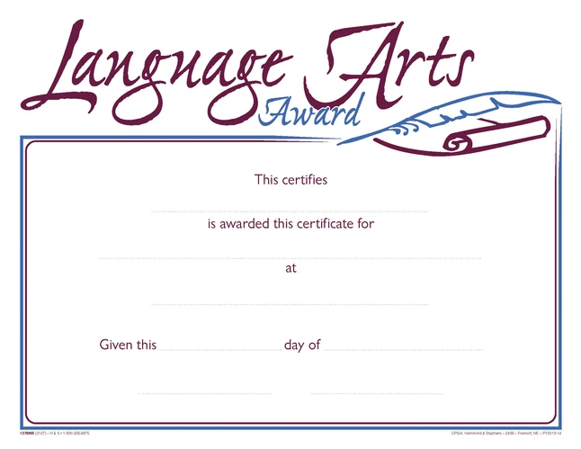 Hammond & Stephens Raised Print Language Arts Recognition Award, 11 X 8-1/2 Inches, Pack Of 25