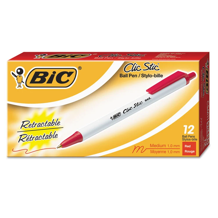 Bic Clic Stic Ballpoint Pen, Retractable, Medium 1 Mm, Red Ink, White Barrel, Dozen