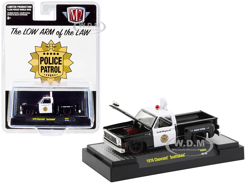 1976 Chevrolet Scottsdale Pickup Truck "Police Patrol" Black And White Limited Edition To 8250 Pieces Worldwide 1/64 Diecast Model Car By M2 Machines