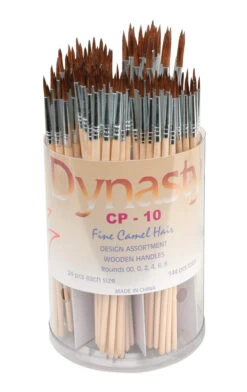 Dynasty CP-10 Fine Round Camel Hair Wood Handle Paint Brush Assortment, Assorted Size, Tan, Set Of 144
