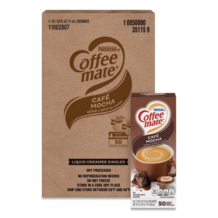 Liquid Coffee Creamer, Cafe Mocha, 0.38 Oz Mini Cups, 50/Box, 4 Boxes/Carton, 200 Total/Carton - Image 3
