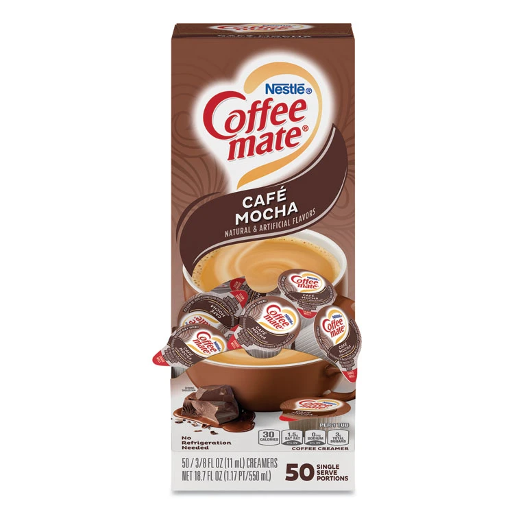 Liquid Coffee Creamer, Cafe Mocha, 0.38 Oz Mini Cups, 50/Box, 4 Boxes/Carton, 200 Total/Carton - Image 2