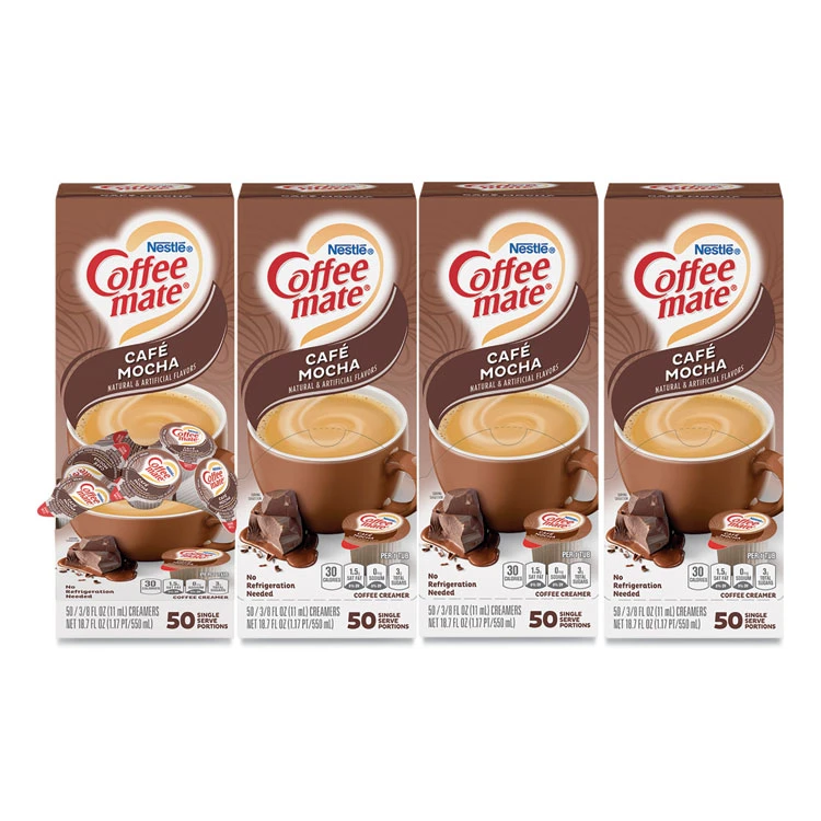 Liquid Coffee Creamer, Cafe Mocha, 0.38 Oz Mini Cups, 50/Box, 4 Boxes/Carton, 200 Total/Carton
