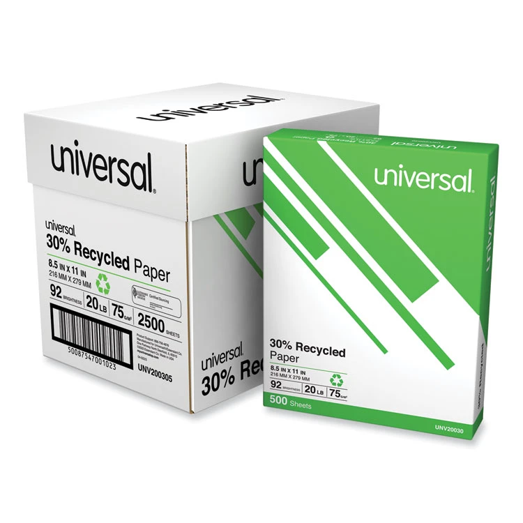 Universal 30% Recycled Copy Paper, 92 Bright, 20 Lb Bond Weight, 8.5 X 11, White, 500 Sheets/Ream, 5 Reams/Carton - Image 2