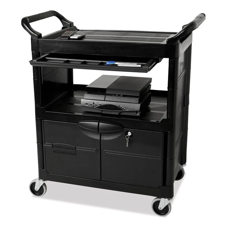 Utility Cart With Locking Doors, Plastic, 3 Shelves, 200 Lb Capacity, 33.63" X 18.63" X 37.75", Black - Image 5
