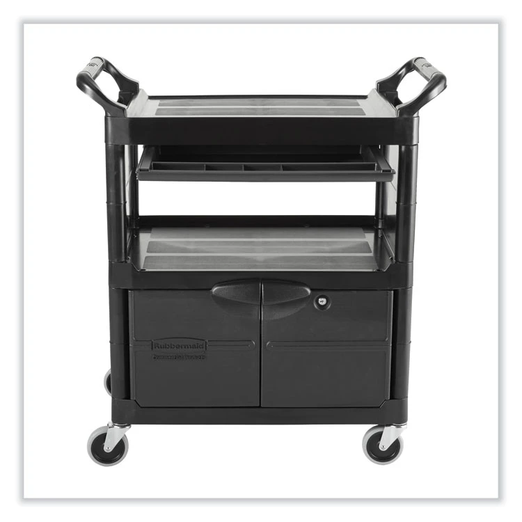 Utility Cart With Locking Doors, Plastic, 3 Shelves, 200 Lb Capacity, 33.63" X 18.63" X 37.75", Black - Image 3