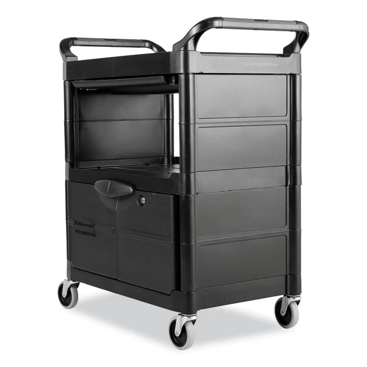 Utility Cart With Locking Doors, Plastic, 3 Shelves, 200 Lb Capacity, 33.63" X 18.63" X 37.75", Black - Image 4